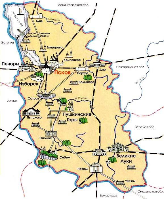 Изборск на карте Псковской области